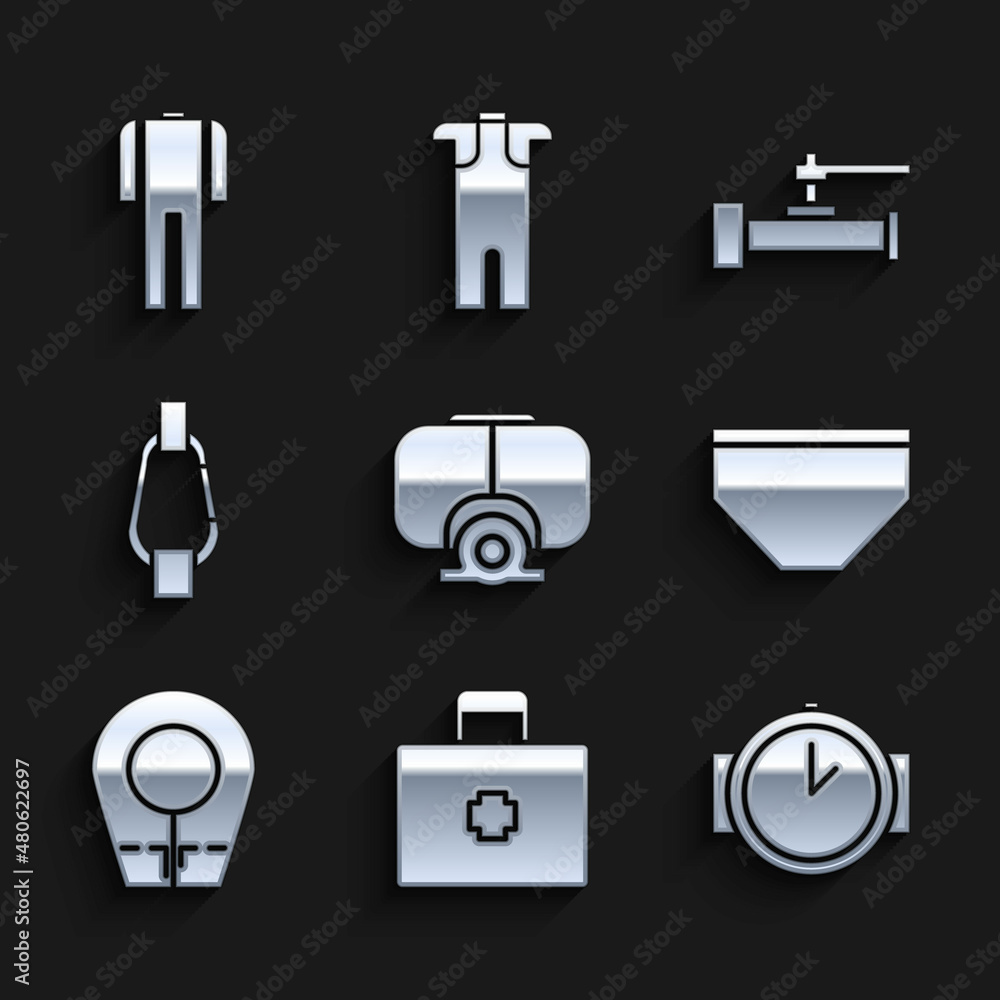 Set Diving mask, First aid kit, watch, Swimming trunks, hood, Carabiner, Industry metallic pipes and valve and Wetsuit for scuba diving icon. Vector Set Diving mask, First aid kit, watch, Swimming trunks, hood, Carabiner, Industry metallic pipes and valve and Wetsuit for scuba diving icon. Vector