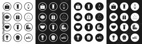 Set Carabiner, Aqualung, Wind rose, First aid kit, Cold and waves, Wetsuit for scuba diving, Boots and Swimming trunks icon. Vector