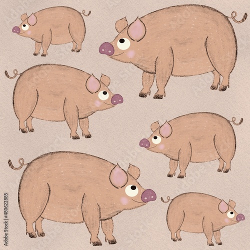 Seamless pattern with cute pink pigs. Print with farm animal on pink background. Kid’s fabric, children design, wallpapers. Illustration.  photo