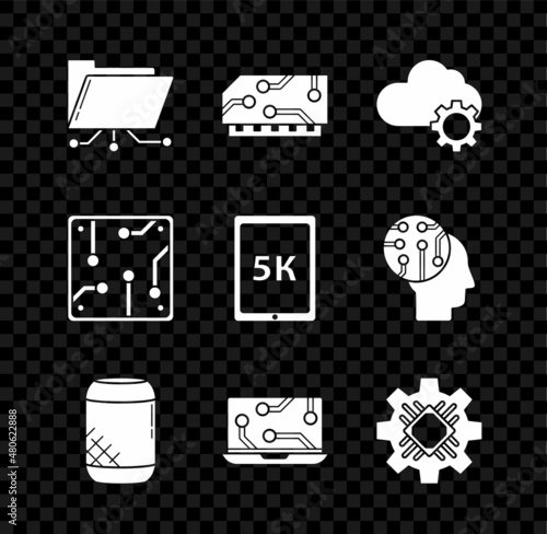 Set Folder and lock, RAM, random access memory, Cloud technology data transfer storage, Voice assistant, Laptop, Processor, and Tablet with text 5k icon. Vector