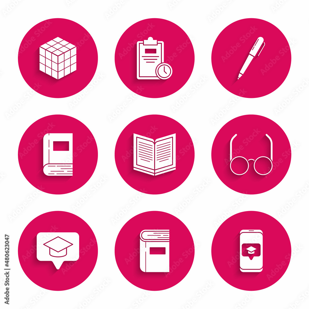 Set Open book, Book, Graduation cap on screen smartphone, Glasses, in speech bubble, Pen and Rubik cube icon. Vector
