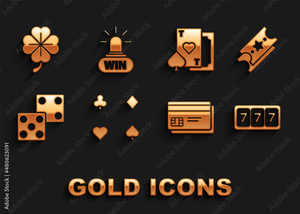 Set Playing cards, Lottery ticket, Slot machine with lucky sevens jackpot, Credit, Game dice, heart, Four leaf clover and Casino win icon. Vector Set Playing cards, Lottery ticket, Slot machine with lucky sevens jackpot, Credit, Game dice, heart, Four leaf clover and Casino win icon. Vector