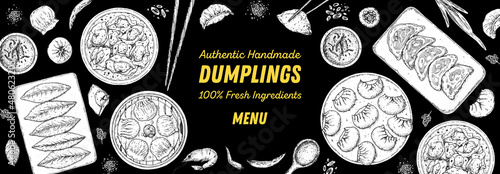 Dumplings top view frame. Food menu design template. Hand drawn vector illustration. Chinese dumplings. Vintage illustration. Hand drawn food sketch. Design template.