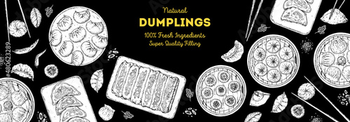 Dumplings top view frame. Food menu design template. Hand drawn vector illustration. Chinese dumplings. Vintage illustration. Hand drawn food sketch. Design template.