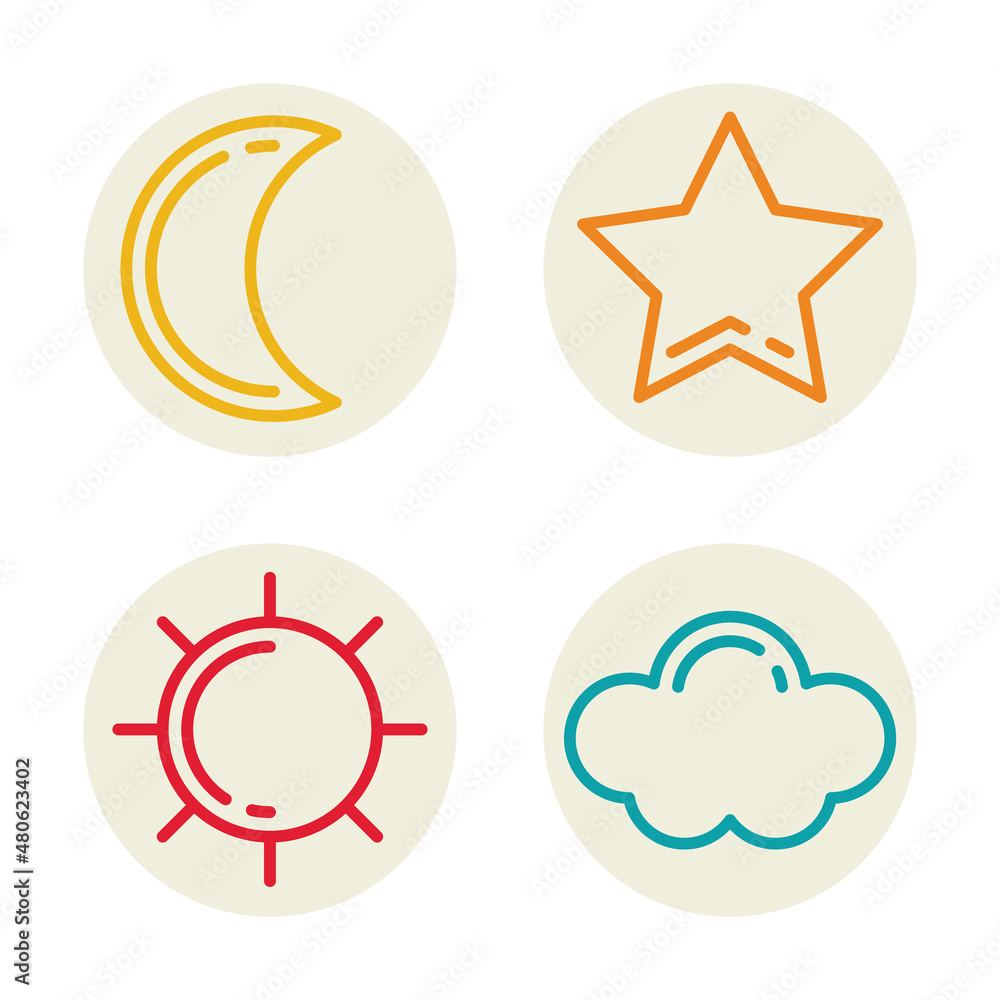 Stylish cloud, sun, star, moon. Label, sticker, sign, symbol, icon. Vector Illustration. Stylish cloud, sun, star, moon. Label, sticker, sign, symbol, icon. Vector Illustration.