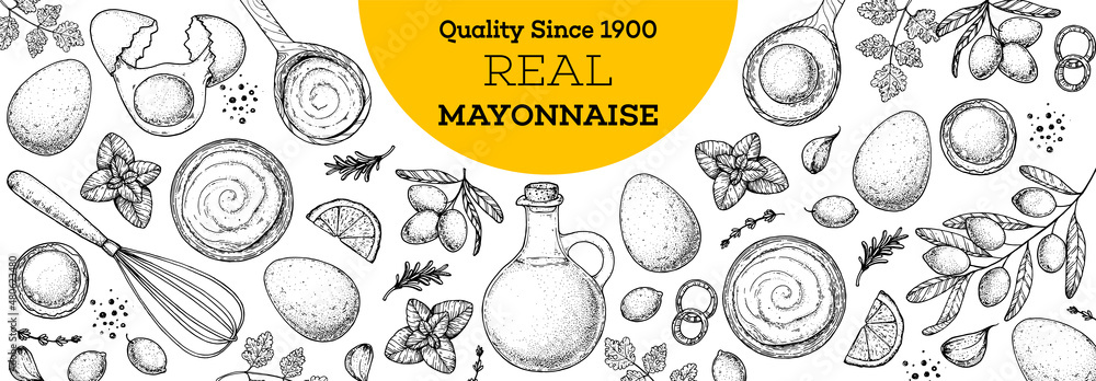 Mayonnaise sauce cooking and ingredients frame. Hand drawn sketch ...