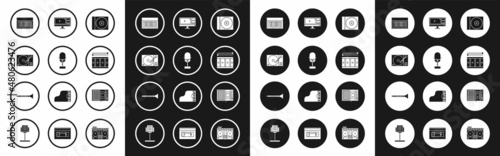 Set CD or DVD disk, Microphone, Vinyl player with a vinyl, Music synthesizer, Drum drum sticks, Video recorder editor software monitor, tape and Clarinet icon. Vector