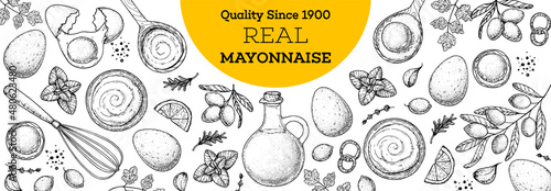 Mayonnaise sauce cooking and ingredients frame. Hand drawn sketch, vector illustration. Homemade mayonnaise sauce, design elements. Hand drawn package design. Oil and eggs.