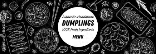 Dumplings top view frame. Food menu design template. Hand drawn vector illustration. Chinese dumplings. Vintage illustration. Hand drawn food sketch. Design template.