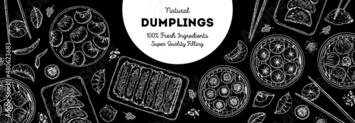 Dumplings top view frame. Food menu design template. Hand drawn vector illustration. Chinese dumplings. Vintage illustration. Hand drawn food sketch. Design template.