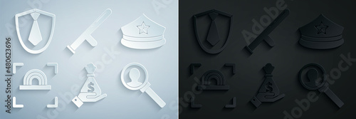 Set Hand holding money bag, Police cap with cockade, Fingerprint, Magnifying glass for search, rubber baton and Tie icon. Vector