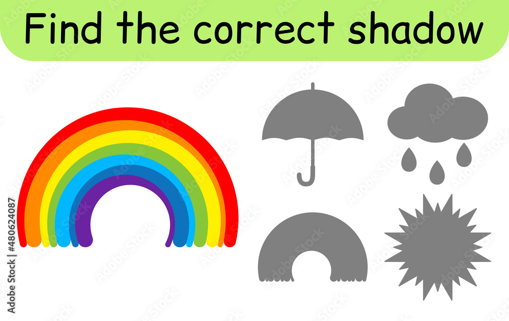 Find the correct shadow. Kids game. Educational matching game for children. Weather theme Find the correct shadow. Kids game. Educational matching game for children. Weather theme