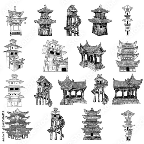 Set of Japanese pagodas, Chinese temple or Buddhist monastery and Tree house on stilts for living in jungles. China religious architecture. Watch towers set, Eastern Han Dynasty. Vector.