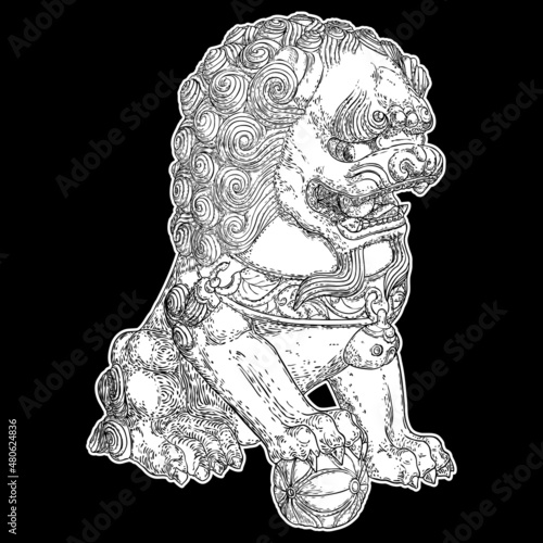 Drawing of traditional Chinese lion on a white background. Oriental Asian lion temple guard. Traditional ancient stone statue lion guardian. Lions are traditionally carved from stone. Vector.