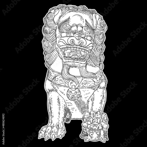 Drawing of traditional Chinese lion on a white background. Oriental Asian lion temple guard. Traditional ancient stone statue lion guardian. Lions are traditionally carved from stone. Vector.