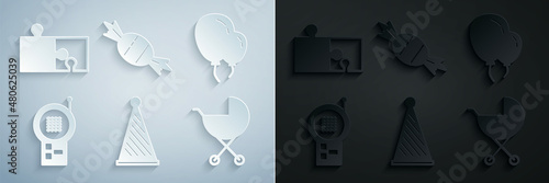 Set Party hat, Balloons with ribbon, Baby Monitor Walkie Talkie, stroller, Candy and Piece of puzzle icon. Vector