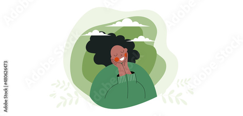 Go green concept with calm and wellness black African woman and flowers vegetation around. Love yourself and eco healthy lifestyle. Green thinking flat vector cartoon illustration. Earth day banner