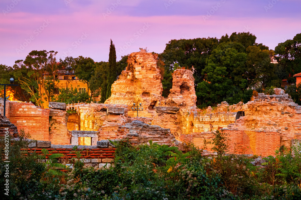 Dawn view of the ruins of thermae of ancient Roman Odessos, in the city of Varna, on the Black Sea coast of Bulgaria