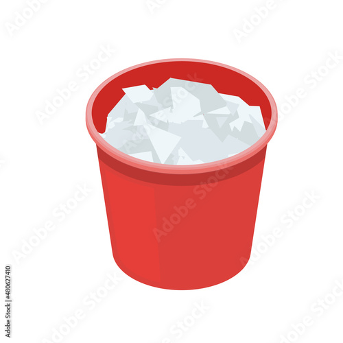 Red plastic trash can full of crumpled paper isometric vector icon.