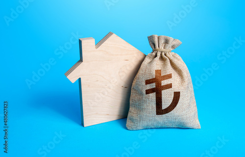 House silhouette and a turkish lira money bag. Home purchase, investment in real estate construction. Mortgage loan. Realtor services. House project development. Rental business. Property appraisal.