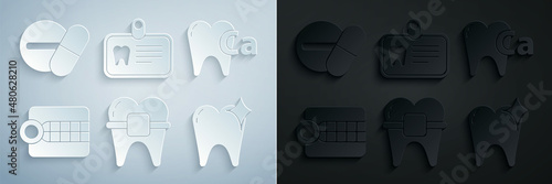 Set Teeth with braces, Calcium for tooth, Dentures model, Tooth whitening concept, Id card and Medicine pill tablet icon. Vector