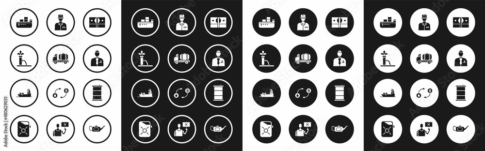 Set Stacks paper money cash, Tanker truck, Oil pump or pump jack, tanker ship, Businessman stock market trader, Oilman, Barrel oil and icon. Vector Set Stacks paper money cash, Tanker truck, Oil pump or pump jack, tanker ship, Businessman stock market trader, Oilman, Barrel oil and icon. Vector