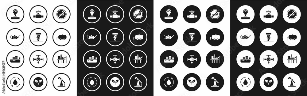 Set No Smoking, Rotating drill digging a hole, Canister for motor oil, Gauge scale, Oil industrial factory building, Industry pipe and valve, platform the sea and tanker ship icon. Vector Set No Smoking, Rotating drill digging a hole, Canister for motor oil, Gauge scale, Oil industrial factory building, Industry pipe and valve, platform the sea and tanker ship icon. Vector