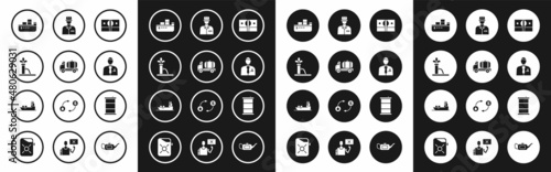 Set Stacks paper money cash, Tanker truck, Oil pump or pump jack, tanker ship, Businessman stock market trader, Oilman, Barrel oil and icon. Vector