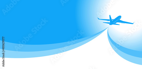 Blue sky with airplane taking off. Banner or flyer for travel and vacation design. Vector illustration.
