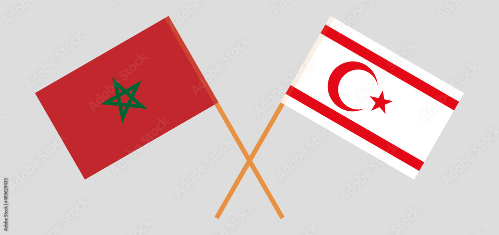 Crossed flags of Morocco and Northern Cyprus. Official colors. Correct proportion