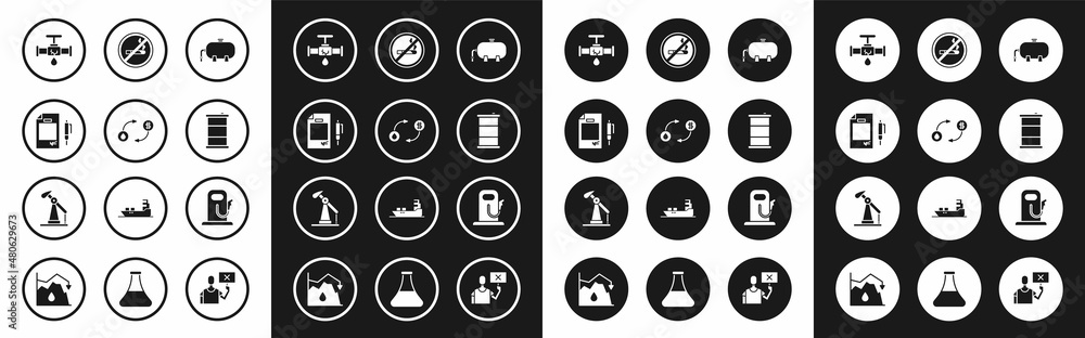 Set Oil industrial factory building, exchange, Contract money and pen, Broken pipe with leaking water, Barrel oil, No Smoking, Petrol gas station and pump pump jack icon. Vector Set Oil industrial factory building, exchange, Contract money and pen, Broken pipe with leaking water, Barrel oil, No Smoking, Petrol gas station and pump pump jack icon. Vector