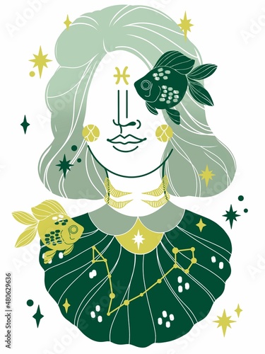 abstract illustration of a female pisces girl with fish friends and zodiac star constellation photo