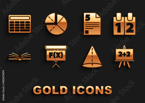 Set Chalkboard, Calendar, Geometric figure Cone, Open book, Test or exam sheet, Calculator and Graph, schedule, chart, diagram icon. Vector