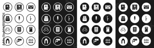 Set Retro audio cassette tape, Feather pen, Subpoena, Lawsuit paper, Police rubber baton, Suspect criminal, Prison cell door and Handcuffs icon. Vector