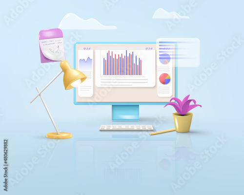 Conceptual background with business data analytics, interface, financial report, website seo on computer screen in realistic style. Minimalistic vector image