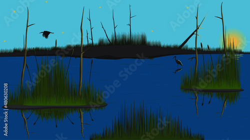 A Swamp, Lake, A Body Of Water With Islands Inhabited By Plants And Dry Trees, Storks And The Rising Sun