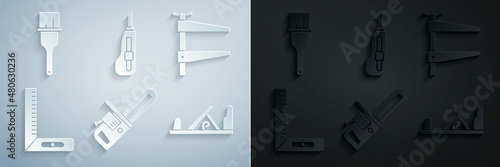 Set Chainsaw, Clamp tool, Corner ruler, Wood plane, Stationery knife and Paint brush icon. Vector
