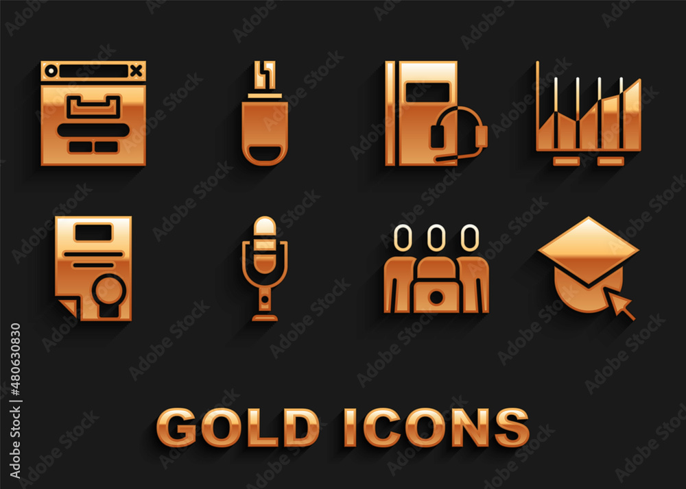 Set Microphone, Pie chart infographic, Graduation cap globe, Online class, Certificate template, Audio book, Browser window and USB flash drive icon. Vector Set Microphone, Pie chart infographic, Graduation cap globe, Online class, Certificate template, Audio book, Browser window and USB flash drive icon. Vector