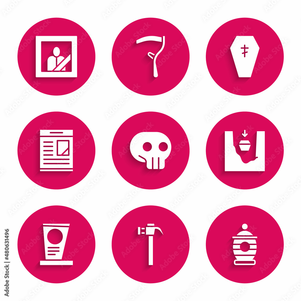 Set Skull, Hammer, Funeral urn, Coffin in grave, Grave with tombstone, Obituaries, cross and Mourning photo frame icon. Vector Set Skull, Hammer, Funeral urn, Coffin in grave, Grave with tombstone, Obituaries, cross and Mourning photo frame icon. Vector