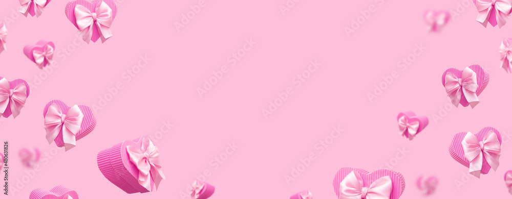 Banner with flying pink heart shaped gift boxes isolated on pink background. Trendy monochrome valentines day greeting card or banner Banner with flying pink heart shaped gift boxes isolated on pink background. Trendy monochrome valentines day greeting card or banner