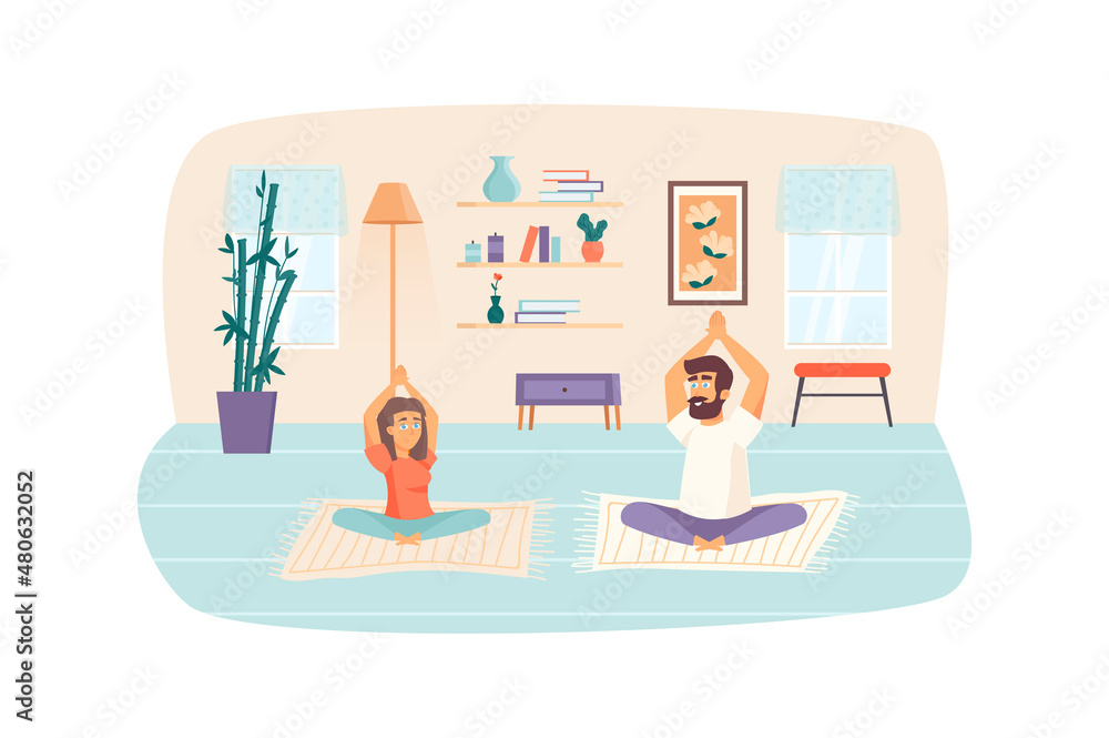 Obraz premium Man and woman doing lotus pose. Couple practicing yoga asanas scene. Home workout, sport activities, meditation, healthy lifestyle concept. Illustration of people characters in flat design