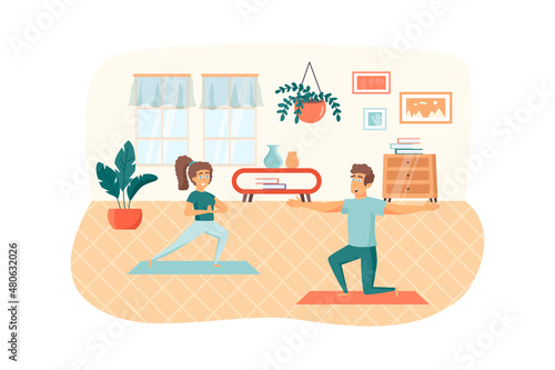 Man and woman practicing yoga at room scene. Couple doing asana poses. Home workout, sport activities, training, healthy lifestyle concept. Illustration of people characters in flat design