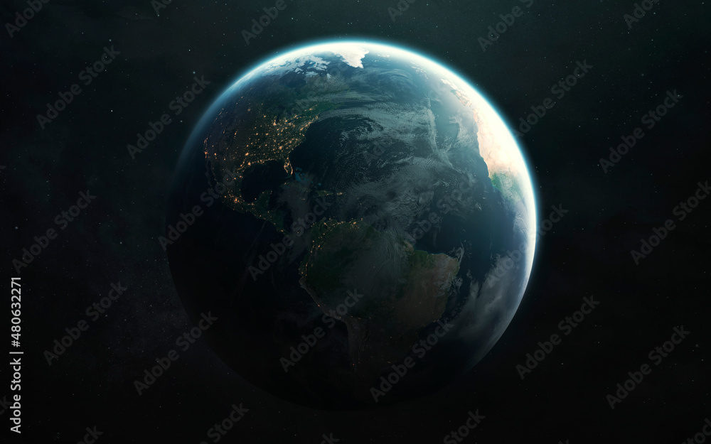 Fototapeta premium North and South America. Planet Earth and Moon view from space. Elements of image provided by Nasa