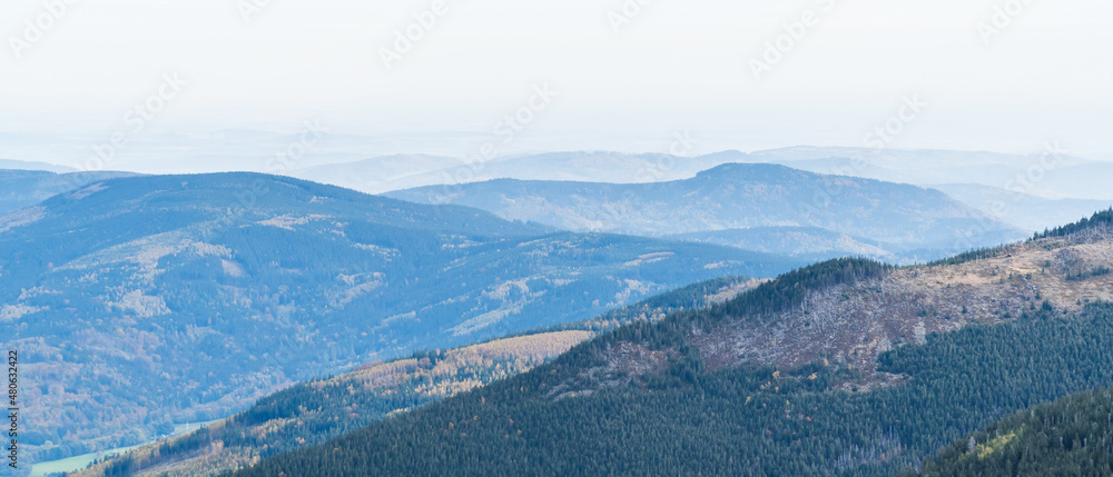 Landscape of moutains with pines in the Czech Republic and Poland