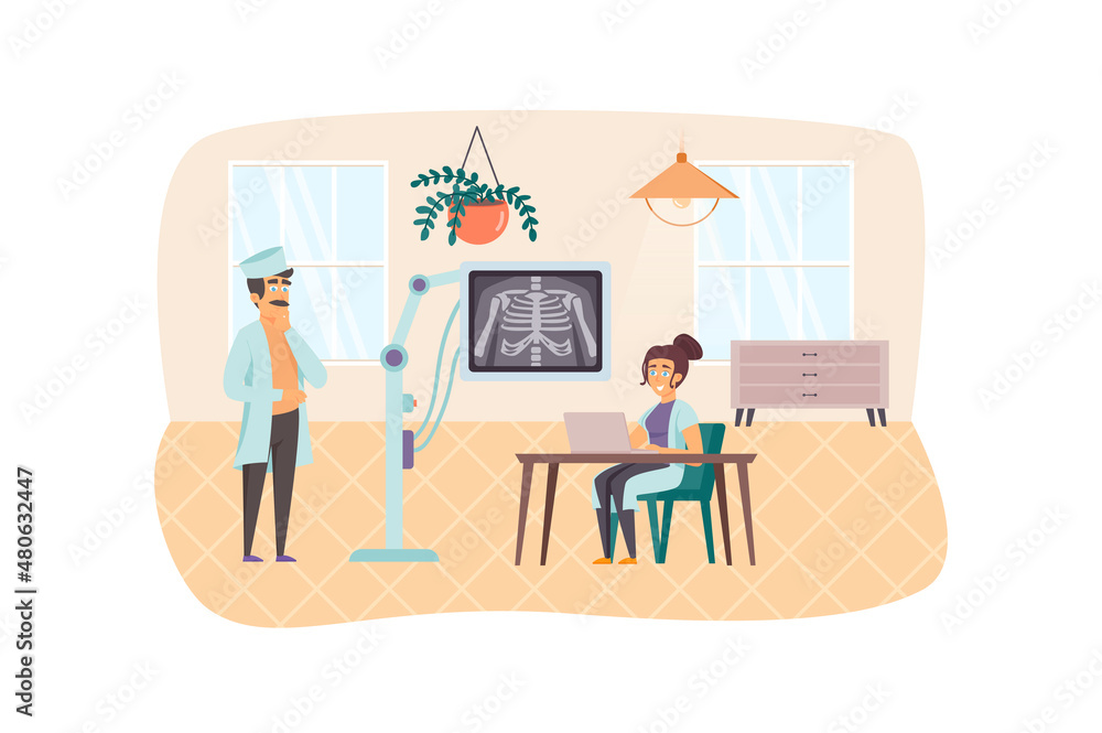 X-ray medical diagnostics scene. Doctor examines xray image of chest bones, nurse assists. Radiology, clinic service, healthcare concept. Illustration of people characters in flat design X-ray medical diagnostics scene. Doctor examines xray image of chest bones, nurse assists. Radiology, clinic service, healthcare concept. Illustration of people characters in flat design