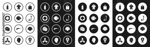 Set Aqualung, Fish, Lifebuoy, Snorkel, Wetsuit, Scallop sea shell and icon. Vector