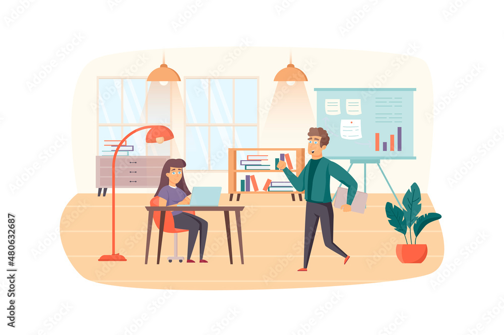 Office manager organizes office work scene. Employee working on laptop. Management, administration, business workflow optimization concept. Illustration of people characters in flat design Office manager organizes office work scene. Employee working on laptop. Management, administration, business workflow optimization concept. Illustration of people characters in flat design