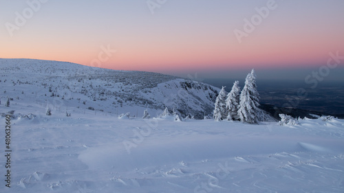 Fototapeta Naklejka Na Ścianę i Meble -  Sunset in the Karkonosze mountains in winter. Snow-covered mountains. Snow-covered trees. Pink sky