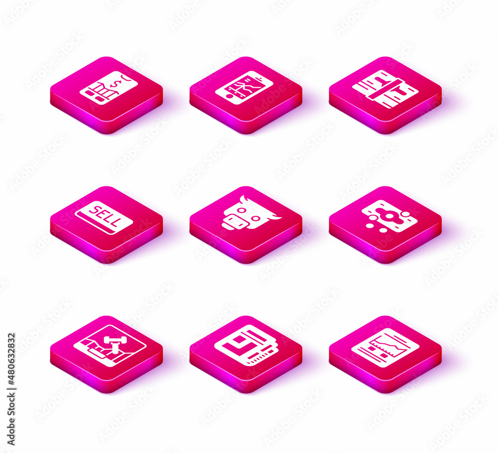 Set Online internet auction, Stock market news, Sell button, Bull, Website with growth graph, Stacks paper money cash, and Mobile stock trading icon. Vector Set Online internet auction, Stock market news, Sell button, Bull, Website with growth graph, Stacks paper money cash, and Mobile stock trading icon. Vector