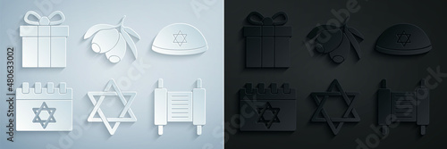 Set Star of David, Jewish kippah, calendar, Torah scroll, Olives branch and Gift box icon. Vector